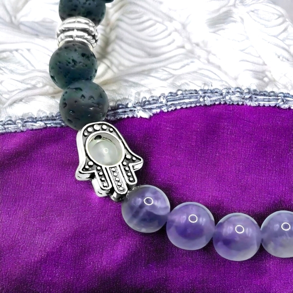 🆕️Hamsa Volcanic Lava Rock & Amethyst Stretch Bracelet + Bonus Boho Earrings 💜 - Picture 4 of 11